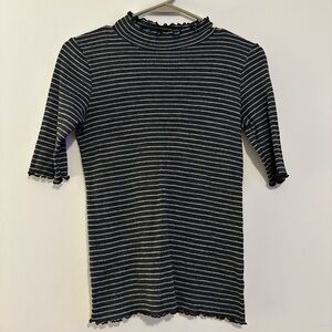 Striped Dark Grey and White Mock-Neck Top